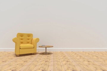 Yellow armchair by table on hardwood floor against wall