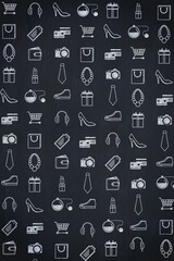 Retail icons are repeating on chalkboard-style background featuring carts, shoes, tags, bags