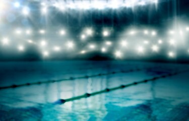 Central pool lane is glimmering under stadium lights with floating dividers in flat design