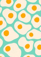Pattern of fried eggs with bright orange yolks on a cyan background breakfast food