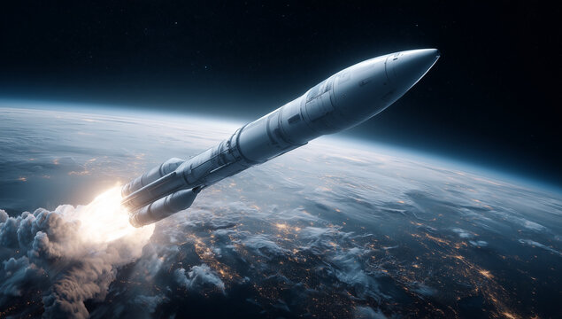 Powerful Rocket Launch from earth. Missile launch through fluffy clouds, fiery trail. Illustrates concepts of space travel, military power, or technological advancement.