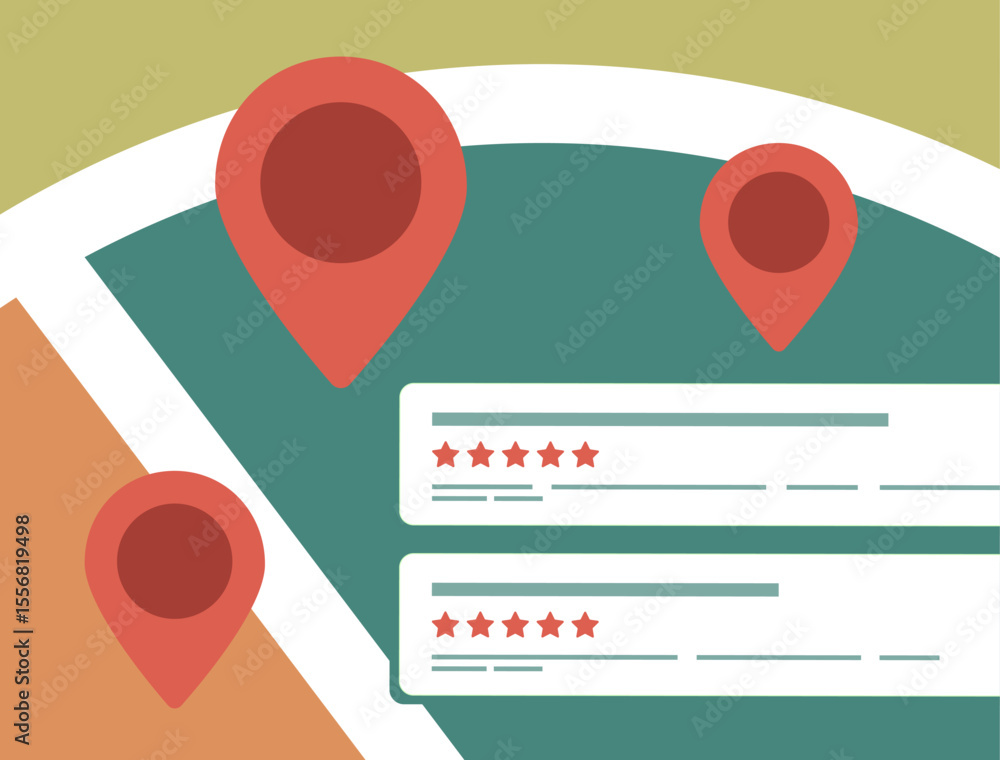 Poster location rating system with red map pins and five star reviews. abstract interface with map for find