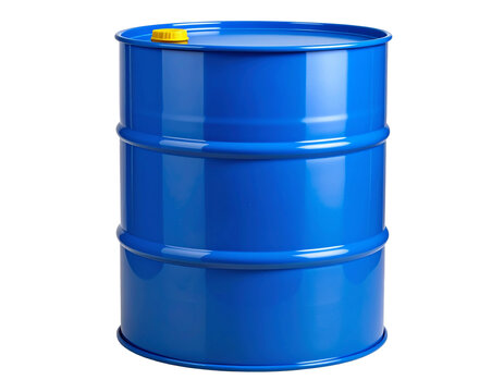 FFFF - Front view of blue plastic storage barrel with yellow screw-top lid, isolated on transparent background PNG
