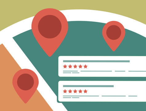 Location rating system with red map pins and five star reviews. Abstract interface with map for finding trusted places with high location rating system score. Flat design vector illustration