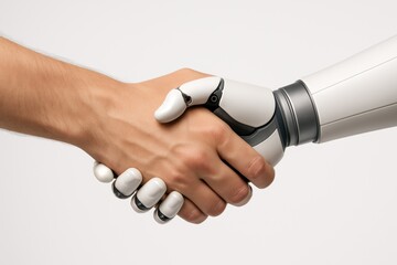 Close-up of human and robotic hand shake – AI collaboration
