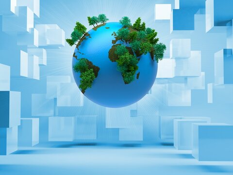 Fototapeta Earth on abstract background with cubes