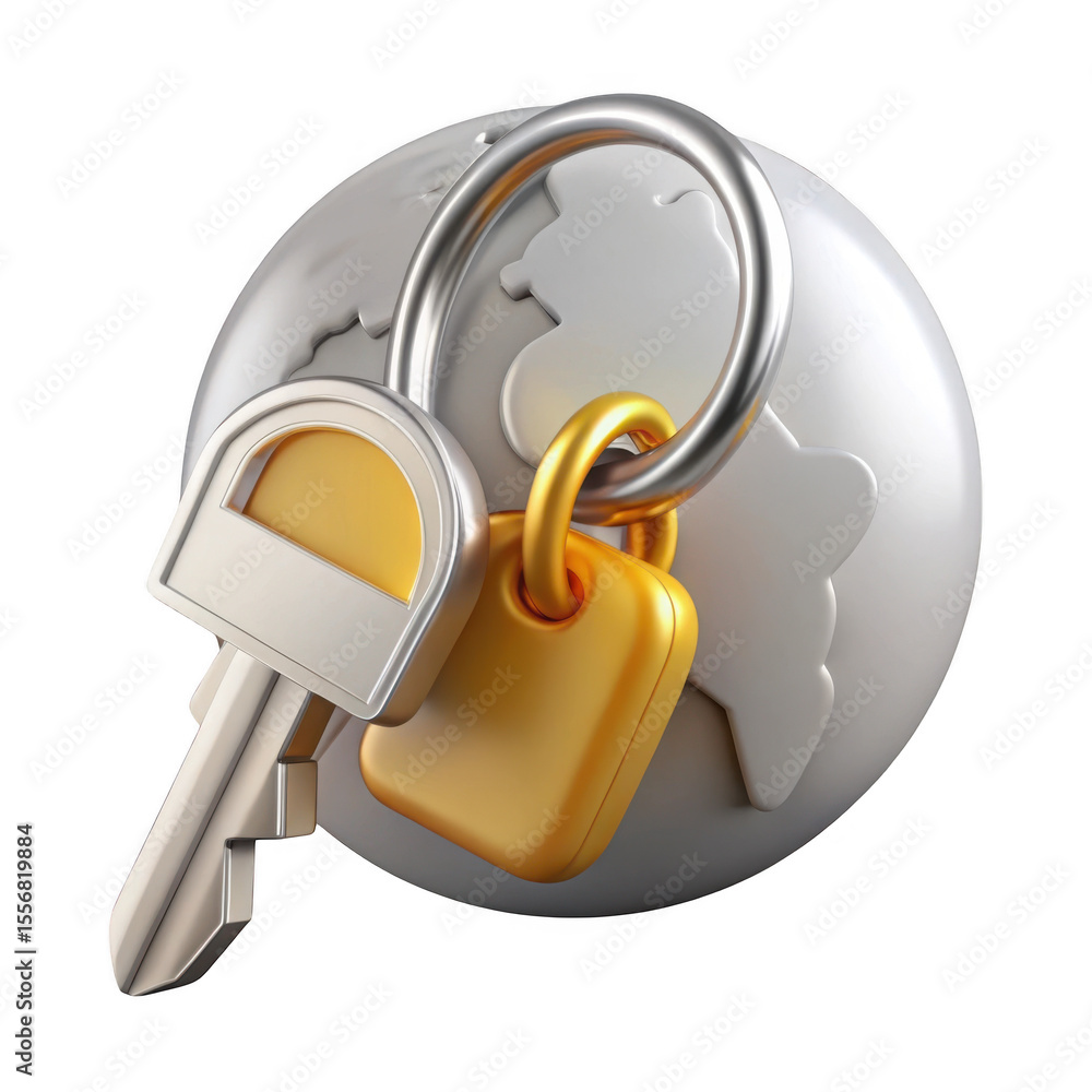 Poster 3d global security key and padlock isolated on transparent background