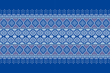 Abstract geometric fabric pattern with shades of dark blue and white. Seamless fabric pattern is used in various textiles such as clothing, scarves, blankets and designs in cultural,  traditional.