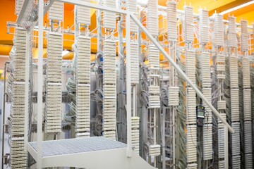 Showing cable distribution frames in flat design with white termination blocks and network cables