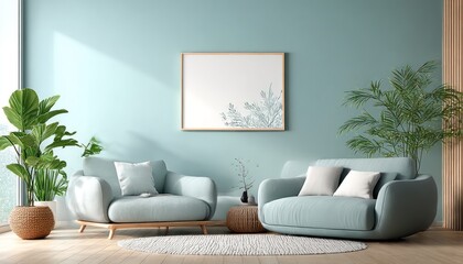 Light-filled living room with light blue furniture