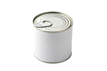 Blank white tin can with pull tab lid isolated on transparent background for food packaging or product design