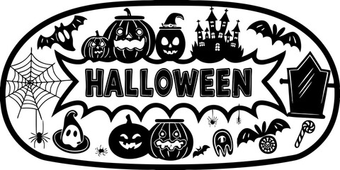 Black and White Halloween Doodle with Pumpkins Bats Haunted House Spiderwebs Ghosts Tombstone and Candy for Holiday Decoration