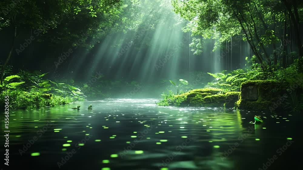 Poster a dark river flows through a lush green forest illuminated by sunbeams with small glowing objects sc