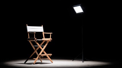 Empty director chair and studio light on dark background