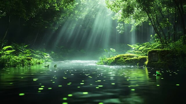 A dark river flows through a lush green forest illuminated by sunbeams with small glowing objects scattered on the waters surface