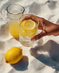 Refreshing lemonade drink on sandy beach summer vibes close-up
