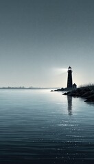 Lighthouse on a tranquil lake at dawn