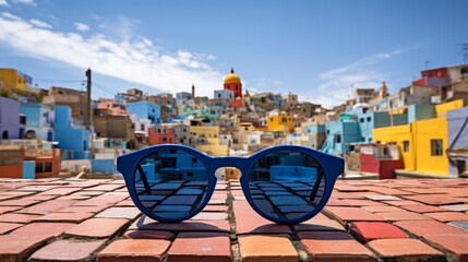 Vibrant geometric background featuring stylish round blue sunglasses for a trendy look