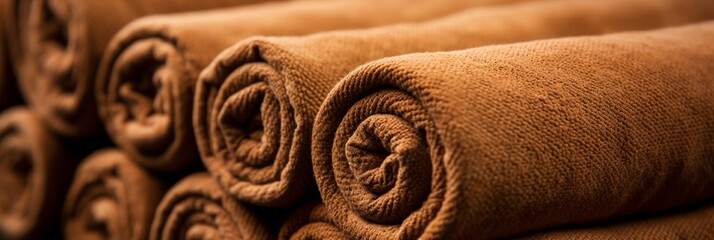 Close up of towels neatly rolled, bound with jute twine, and elegantly tagged for presentation
