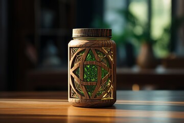 Light brown cork jar featuring green recycling symbol placed on a wooden table surface