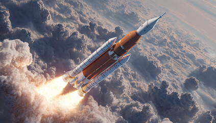 Obraz premium Powerful Rocket Launch from earth. Missile launch through fluffy clouds, fiery trail. Illustrates concepts of space travel, military power, or technological advancement.