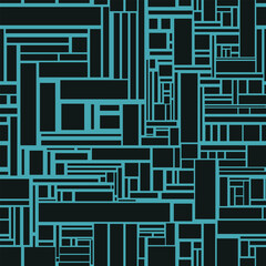 Seamless geometric pattern with dark squares and rectangles on a turquoise background. Vector illustration, for decorating your designs in hi-tech style.