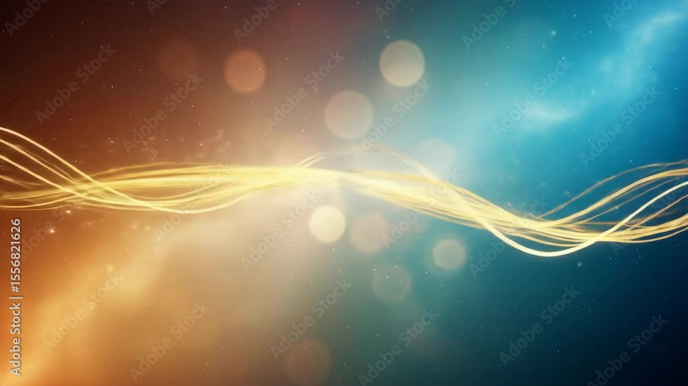 Poster abstract wave of glowing lines and particles moving across a two-tone background with bokeh lights, 