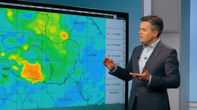 Male presents weather forecast with large digital map