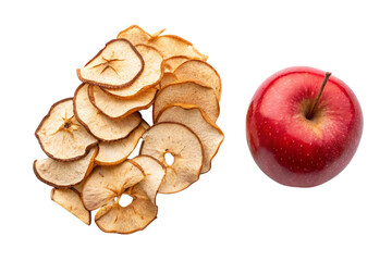 Fresh red apple and pile of dried apple chips arranged side by side isolated on transparent background