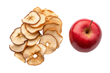 Fresh red apple and pile of dried apple chips arranged side by side isolated on transparent background