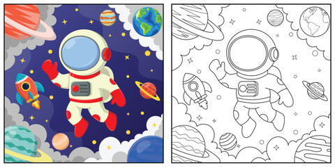 Cute astronaut in space planet around outline vector for children coloring page or book design.