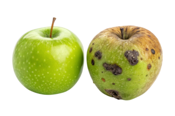 One fresh green apple and one damaged bruised apple with brown spots isolated on transparent background
