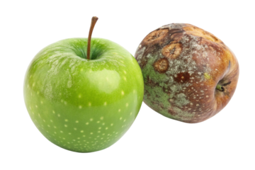A fresh green apple contrasted with a rotten brown apple showing decay and mold isolated on transparent background