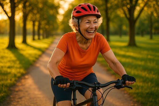 Joyful Senior Woman Cycling Through Sunny Park, Embracing Active Lifestyle with Helmet and Bright Orange Shirt - Powered by Adobe