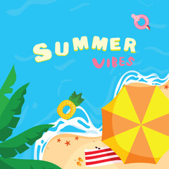 Square Summer Poster with Beach Ocean and Tropical Trees for Social Media
