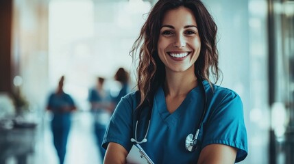 Fototapeta premium A joyful European female nurse smiles confidently in a modern hospital. Her caring demeanor reflects dedication to patient health and wellbeing in a supportive environment.