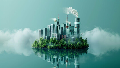 Miniature city with skyscrapers and a smoking factory on a green island, reflected in water under a cloudy sky.