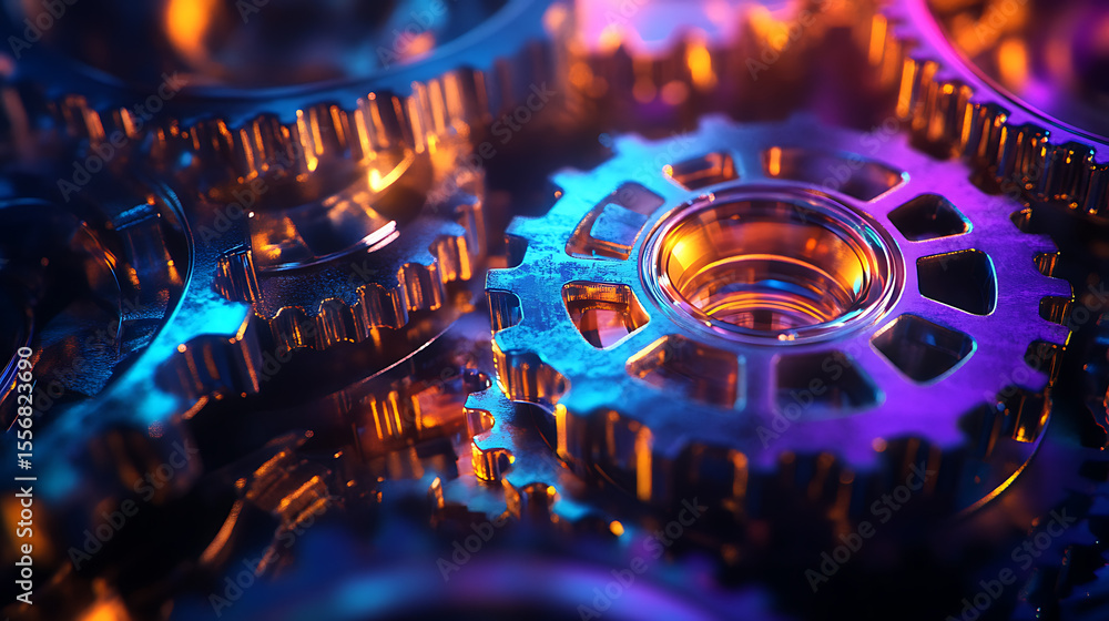 Poster a close up of gears with a blue and purple hue. the gears are all different sizes and are all connec