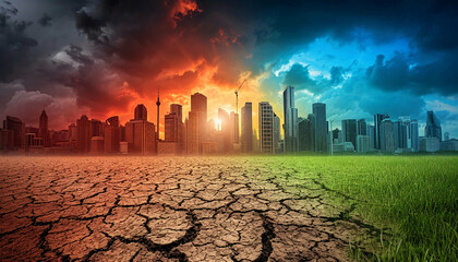 A divided cityscape depicts contrasting environmental conditions, climate change.