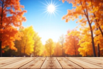 wooden table in front of a forest with the sun shining through the trees 1