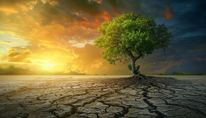 A lone tree stands strong amidst cracked earth, a dramatic sunset backdrop, symbolizing resilience in a drought-stricken landscape.
