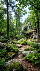 Lush forest path through rocks