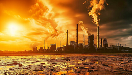 Industrial pollution at sunset casts an ominous orange glow over a polluted landscape.