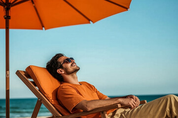 A smiling man in sunglasses and an orange t-shirt reclines on a wooden beach chair under an orange umbrella looking up at the sky with the ocean in the background