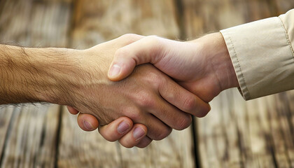 Two hands clasped in a firm handshake, symbolizing agreement and partnership, against a rustic wooden background.