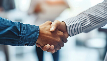 Close-up of two individuals shaking hands, symbolizing agreement and collaboration.