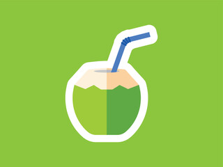 Flat Simple Coconut Drink with Straw Isolated on Green Background Illustration