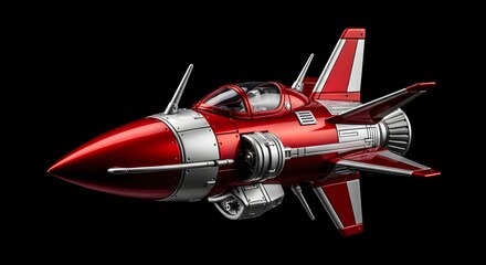 Red Spaceship Against Black Canvas: A sleek, futuristic spaceship with a vibrant red and silver design gracefully isolated against the deep black of space, showcasing technological innovation.