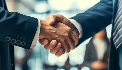 Close-up of a business handshake between two men in suits, symbolizing agreement and partnership.