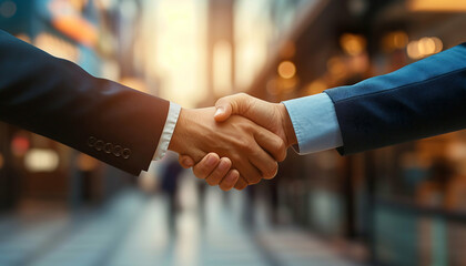 Two business professionals shaking hands in a bustling city street, symbolizing a successful agreement or partnership.